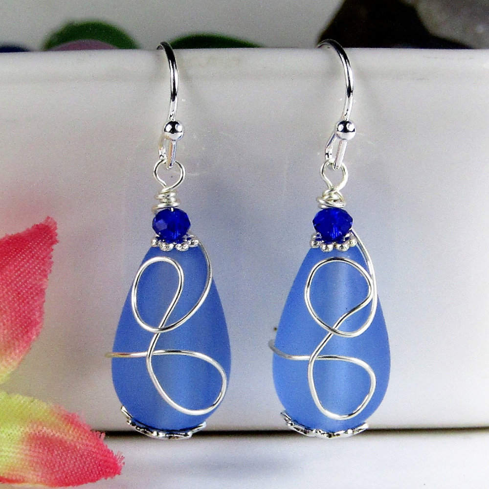 Handmade Cobalt Blue Sea Glass Teardrop Earrings